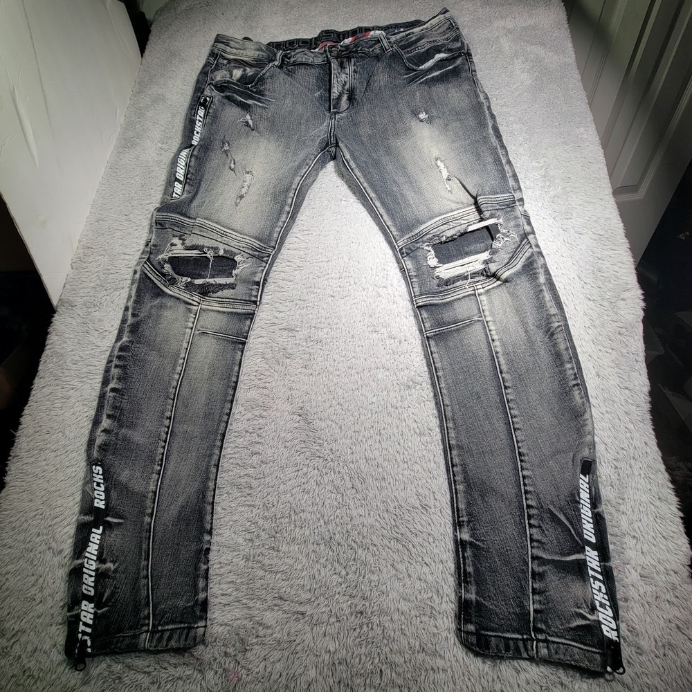 Rockstar Original Jeans Men Size 40 Fit (38X29) Black Gray Denim Distressed